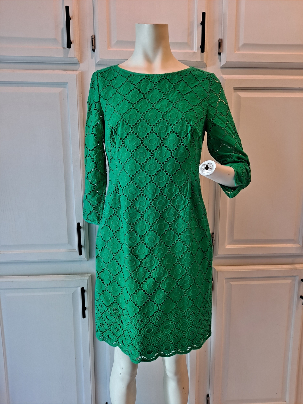 Talbots Emerald Green Eyelet Lace Midi Scalloped Hem Shift Cocktail Cotton Dress